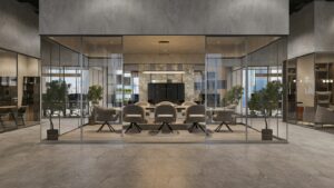 Glass-walled boardroom representing an ERP software evaluation meeting in a UAE office